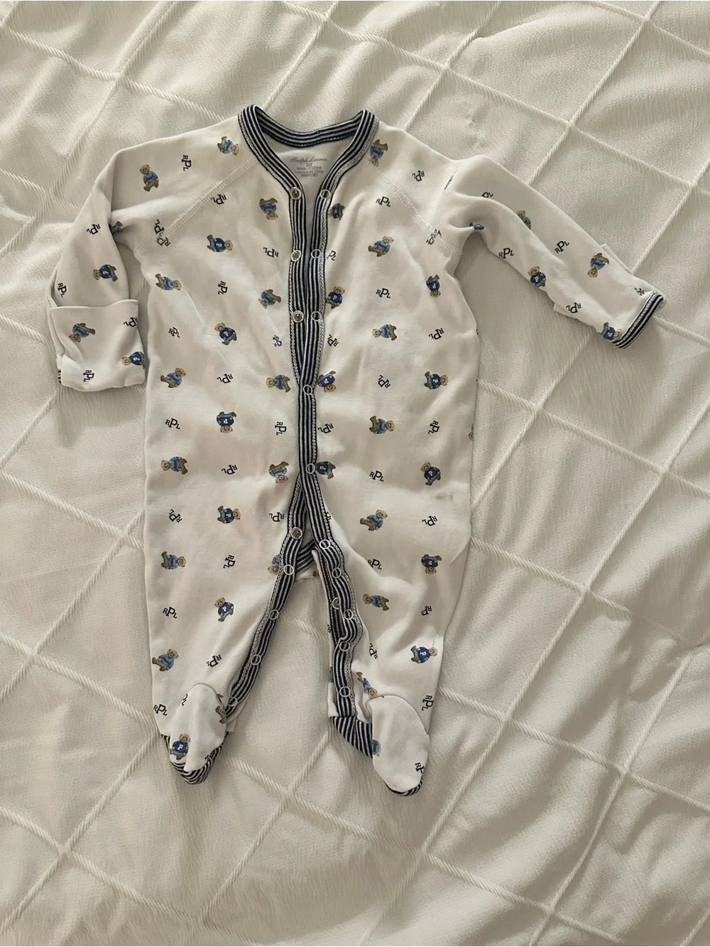 Ralph Lauren White Footed One-Piece with Navy Trim and Blue Bear Prints